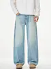 Calça Jeans Lavada Muqiu Masculina Moda Tendência Retrô Americana Cleanfit, Calça Longa Masculina Solta Reta Wide-Leg