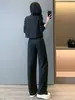 Conjunto de Tres Piezas para Mujer 2026 Primavera y Otoño Estilo de Oficina de Gama Alta Madura Camiseta de Manga Larga Gris Chaleco Pantalones de Pierna Ancha