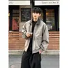 Chaqueta de alta gama de alta costura americana con patrón gris oscuro tie-dye, hombros caídos, tacto de alta calidad, ropa de trabajo, primavera, solapa, chaqueta de cuero, prenda de abrigo, hombre