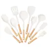 Juego de utensilios de cocina de madera con patrón de cara sonriente, espátula de silicona de grado alimenticio resistente a altas temperaturas para sartenes antiadherentes, adecuado para saltear y freír pescado