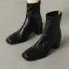 Botas ajustadas elásticas de tacón grueso retro negro para mujer, punta cuadrada, cremallera trasera, botas de moda marrones 2026, botines versátiles y elegantes