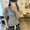 Top de punto estilo francés con cuello en V y manga media para mujer, camiseta estilo old money, ajuste slim de verano, hombro normal, cintura anudada, polo de manga corta