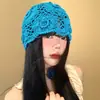 Gorro de Tricô Vazado para Mulheres, Primavera e Verão, Chapéu Slouchy Pequeno Azul que Afina o Rosto, Gorro Estilo Étnico