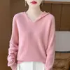 Sudadera con capucha de punto de otoño e invierno 100% lana de alta gama lista para usar, suéter con capucha suelto y suave, sudadera básica para mujer
