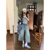Jeans Crop Rectos Desgastados de Color Claro Estilo Retro Americano para Mujer, Pantalones Holgados de Pierna Ancha de Cintura Alta, Pantalones de Siete Cuartos
