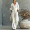 Mono cruzado de mujer europeo y americano 2026, nuevo mono de mujer elegante de verano con fruncido en la cintura y escote en V, elegante, en blanco