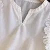 Blusa de Lino Blanca con Encaje Calado y Mangas Acampanadas para Mujer, Nuevo Estilo de Verano, Camisa Fina Elegante y Adelgazante con Cuello en V