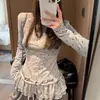 Tops de Otoño e Invierno con Lunares, Camisetas Dulces de Manga Larga con Estampado Estilo Ballet Cálidas, Corte Ajustado con Dobladillo Fruncido