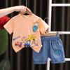 Roupas infantis de verão 2023 novas, pequenas e médias, atacado, versão coreana, com carro, manga curta, macio, shorts jeans, conjunto de duas peças, geração de cabelo