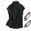 Harmonia entre Força e Suavidade! Elegância Extraordinária! Camiseta Intelectual Nova de Crepe Duplo Satinado Elástico de Seda Luxuoso com Gola Alta e Ombros Largos com Zíper