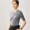 Camiseta de manga corta para mujer, cuello redondo, ajuste ceñido, de hilo Yangzi 100% lana de hilado fino, top de punto suave y cómodo