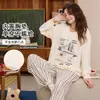 Novo conjunto de pijama feminino para outono e inverno, com gola redonda, estampa de desenho animado, tecido de algodão, bojo interno no peito, mangas compridas e pode ser usado como roupa de casa.