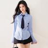 Camisa de Manga Larga Slim con Bolsillo Falso a Rayas Azules con Sentido del Diseño de Moda Coreana Nueva de Primavera 2025 para Mujer