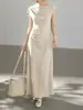 Vestido Minimalista de Alta Gama Hombros Descubiertos para Mujer con Mangas Cortas, Adecuado para el Trabajo, Elegante Vestido Largo