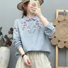 Camisa artística de manga longa com bordado pesado estilo floresta para mulheres, outono 2026, macia, amigável à pele, respirável, algodão puro, top de gaze de algodão dupla camada