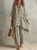 Comércio Exterior Transfronteiriço Europeu e Americano Roupas Femininas Amazon Fashionável Estiloso Gola V Solto Listrado Casual Conjunto de Duas Peças