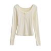 2024 Primavera e Verão Spice Girls Pure Want Slim Fit Duas peças de manga comprida T-shirt feminina Lace Design Feeling Base Shirt T