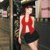 Camisola feminina europeia e americana, decote em V vermelho, costas abertas, sexy, verão, Spice Girl, flor tridimensional, linda, top nas costas
