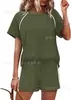 2026 Comércio Exterior Transfronteiriço Europeu e Americano Primavera e Verão Novo Estilo Gola Redonda Manga Curta Tecido Elástico Conjunto Esportivo Casual Shorts Conjunto de Duas Peças para Mulheres