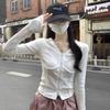 Camiseta de Otoño Temprano Estilo Americano Hombro Derecho Cuello en V para Mujer Nuevo Primavera y Otoño Doble Cremallera Espina de Pescado Top Corto