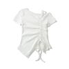 6018-25 Primavera Novo Estilo Coreano Menina Estilo Puro Desejo Sexy Ombro a Ombro Assimétrico Cordão Alça Manga Curta Camiseta