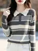 Suéter feminino de primavera e outono com gola de renda listrada e design de gola requintado, macio e amigável à pele, adequado para o trabalho e uso diário, elegante blusa de tricô