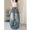 Jeans casual americano retrô de cor clara com efeito desgastado para mulheres, design de primavera, marca da moda, calça longa larga solta lavada