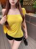 Camiseta amarilla de manga corta con hombros descubiertos para mujer, nueva camiseta de verano de corte entallado, combinable con todo, diseño corto, estilo casual, color liso.