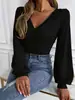 Outono e Inverno 2025 Novo Europeu e Americano Transfronteiriço Exportação Amazon Cor Pura Canelado Manga Longa Decote V Camiseta Tops Casuais Femininos