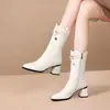 Botas de Invierno Europeas y Americanas de Punta Fina Forradas de Felpa Calientes de Media Caña para Mujer, Botines de Cuero Suave Suela Suave con Lazo para Comercio Transfronterizo