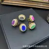 Anillo ajustable con diente de cristal de ágata natural incrustado a mano, joyería vintage de nicho, que conserva el color, ajustable, directo del fabricante