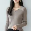 Suéter de malha de algodão puro com gola polo, estilo elegante e simples, para mulheres, caimento justo, manga longa, quente, suéter com gola, blusa interna, novo