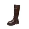 Dos VersionesOtoño/Invierno 2026 Nuevo Estilo Hebilla de Cinturón Punta Redonda Suela Gruesa Versátiles Botines Botas de Jinete Botas de Media Caña para Mujer