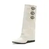 Botas femininas longas, nova coleção outono 2026, botas brancas, bico fino estilo francês, cano plissado, botas de montaria versáteis
