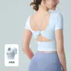 Verano Secado Rápido Ropa Deportiva Yoga Manga Corta Mujer Correa Mariposa Melocotón Almohadilla en el Pecho Fitness Running Entrenamiento Top Deportivo