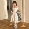 Vestido de Renda Cor Pura Estilo Coreano para Crianças Médias e Grandes Verão Novo Estilo Moda Vestido Princesa de Suspensório para Menina