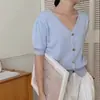 Cardigã de tricô de seda gelada amarelo para mulheres, estilo fino de verão 2026, camiseta curta popular deste ano, ombro normal, gola V, top de manga curta