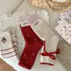 Calcetines para Mujer en Otoño e Invierno Calientes Rojos de Lana Calcetines de Mujer Calcetines de Media Caña con Lazo Lindos de Dibujos Animados Calcetines de Año Nuevo Medias