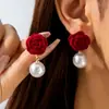 Joias Europeias e Americanas Outono e Inverno Brincos de Flor com Laço de Veludo Vermelho Série Dia dos Namorados Brincos de Pérola Retrô