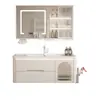 Gabinete de baño de roble combinación cerámica baño color crema esquina redondeada lavabo integrado lavabo inteligente para lavado de manos