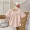Camiseta de Algodón Suave y Transpirable con Cuello de Encaje Estilo Coreano, Manga Corta, para Bebés Niñas, Top de Verano para Niños Pequeños y Niños Pequeños