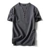 Camiseta de lino holgada de manga corta con cuello en V, estilo chino, para hombre gordo, talla grande