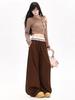 Ropa de Mujer de Seda Naranja # Pantalones Casuales de Pierna Ancha Empalmados con Doble Cintura, Diseño de Cintura Alta, Holgado y Relajado, con Efecto de Caída y Corte Curvo hasta el Suelo.