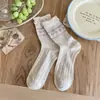 Calcetines Finos de Verano para Mujer, Caña Media con Borde de Burbujas y Encaje de Lazo, Calcetines Largos Estilo Dulce Coreano, Algodón Puro