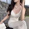 Vestido de Tricô com Decote V e Alças Crochê Vazadas, Saia Evasê, Design Sexy, Cintura Alta Estilo Férias
