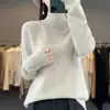 Suéter Feminino Meia-Gola Cor Sólida Torcido Engrossado Solto Casual para o Trabalho Outono e Inverno Novo Tricô 100% Lã Manga Longa