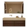 Mueble de Baño Combinado con Lavabo Integrado de Cerámica Sin Costuras Curvado en Caliente Pizarra Retro de Mediados de Siglo Lavabo de Baño Montado en Pared de Madera Maciza