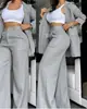 Traje de Mujer Elegante Europeo y Americano de Comercio Exterior 2024 Color Sólido Mangas Divididas Solapa Bolsillo Pantalón Recto