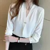 Camisa Blanca de Manga Larga con Cuello en V Estilo Coreano Nueva Primavera para Mujer Simple Versátil Ropa de Trabajo Camisa Profesional Top