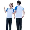 Uniformes escolares de verão para alunos do ensino fundamental e médio, camisas polo de manga curta para alunos do ensino fundamental II, camisetas para alunos do ensino médio, conjuntos de uniformes de classe azuis e brancos